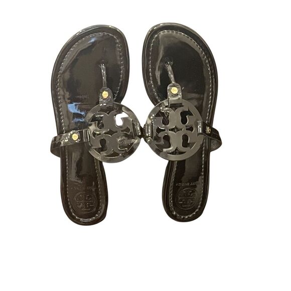 SZ 9 Tory Burch Miller Patent Logo Embellished Sandals Flip Flops in Black - Picture 11 of 13